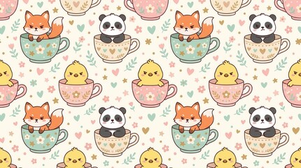 Fototapeta premium Grumpy cartoon foxes, pandas, chicks in pastel teacups on soft background