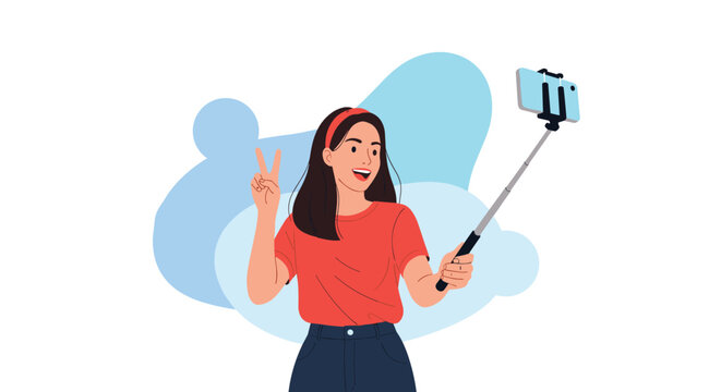 Young woman wearing a red shirt and headband takes a selfie with her smartphone on a selfie stick while making a peace sign gesture.