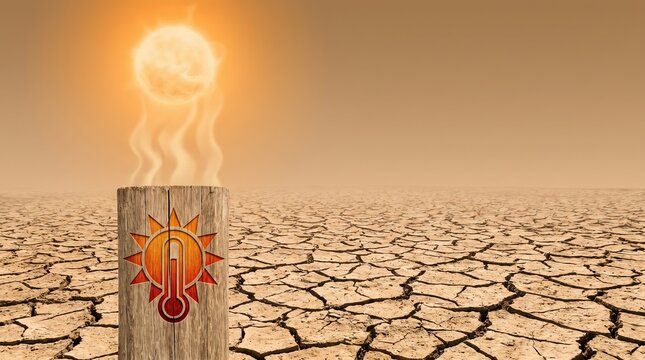 Urban Climate Resilience, Dry Land Under a Harsh Sun with Thermometer Indicator