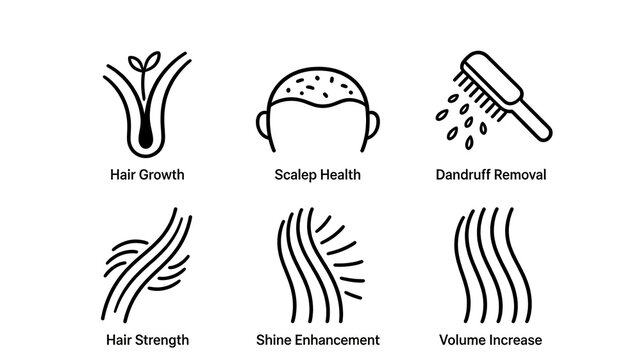 Six line drawn scalp care icons represent professional hair care concepts that promote hair growth, firm hair, remove dandruff, strengthen, shine, and fluffiness.
