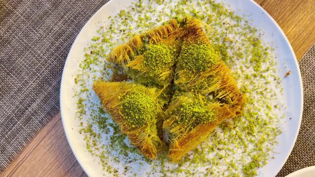 Traditional Turkish Dessert Platter with Kadayıf and Dondurma Ice Cream on a Rustic Table