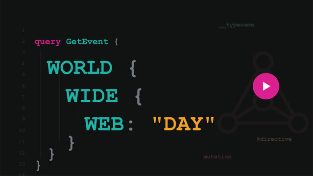 World Wide Web Day GraphQL programming code snippet flat dark mode interface internet history celebration software development global network connectivity concept