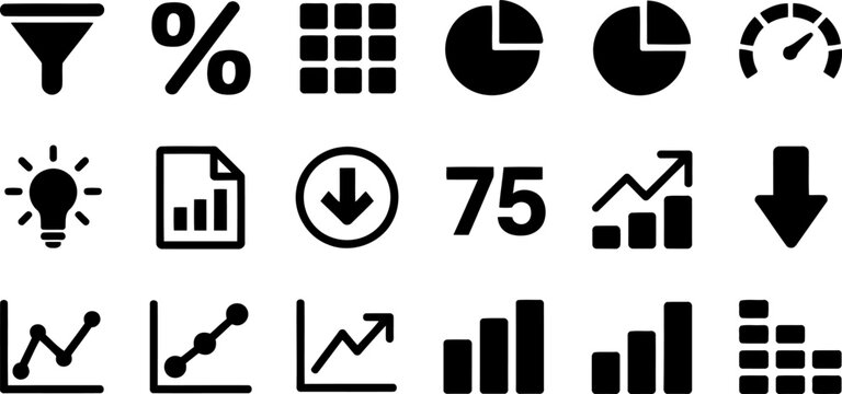 Set of business and data analysis icons on white background funnel percentage
