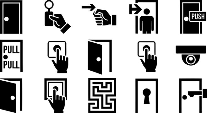 Set of door and access control icons with push and pull symbols door, icon, push, pull