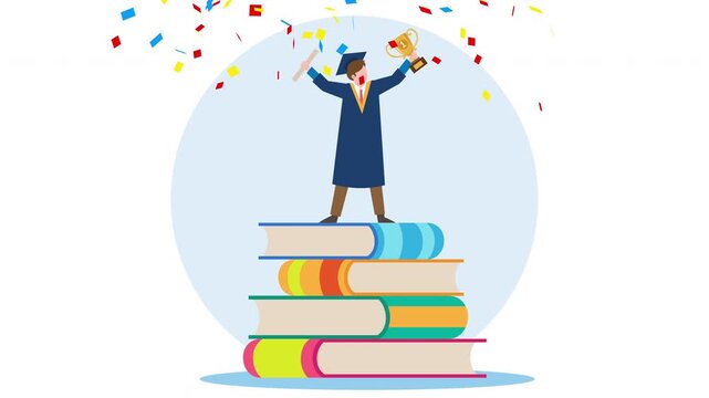 animated happy graduate student standing on a stack of books holding a gold trophy and diploma. illustration of education success, academic achievement, graduation, and learning concept.