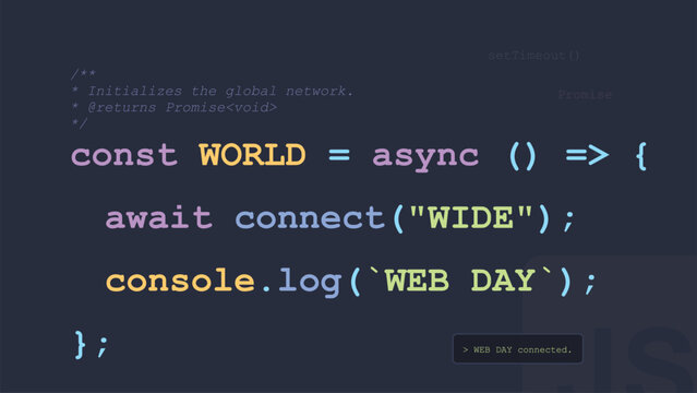 World Wide Web Day JavaScript Code Snippet Modern Dark Mode Digital Graphic for Professional Web Development and Software Technology Enthusiasts Celebration