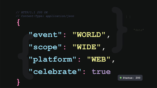 World Wide Web Day JSON code snippet modern dark mode digital illustration ideal for software development programming and internet technology celebration content