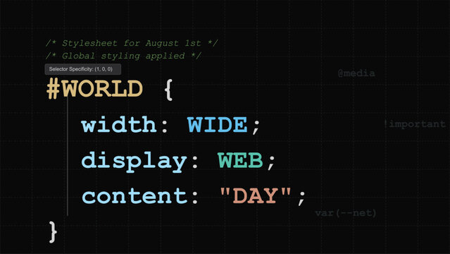 World Wide Web Day CSS code snippet minimalist dark mode digital interface illustration technology background for developers and internet global networking events