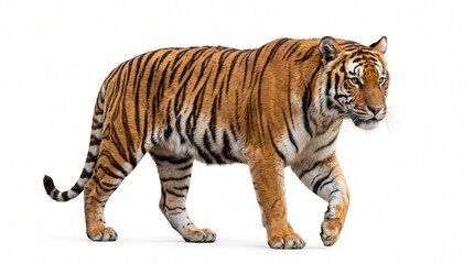 Obraz premium Tiger Walking Sideways on White Background with Natural Lighting and Realistic Fur Detail