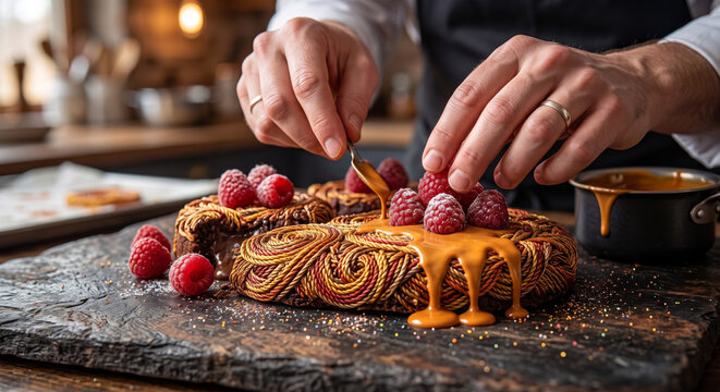 Chef Assembling Chocolate Drizzle and Raspberries Dessert