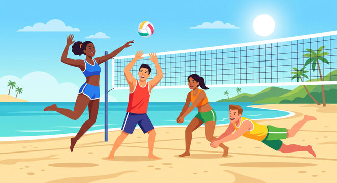 Diverse Young Adults Beach Volleyball Vector