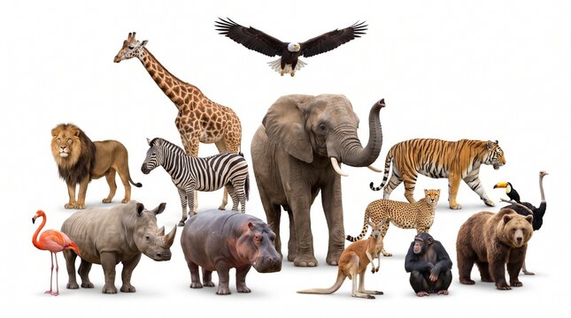 Wildlife Animals Group Illustration on White Background with Realistic Style