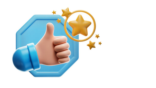3D cartoon hand giving thumbs up with golden stars and blue badge