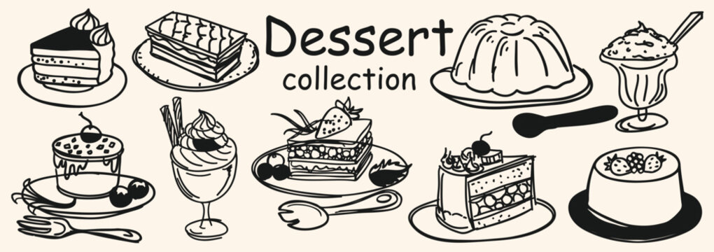 Dessert collection vector elements set. Hand drawn line art doodle illustration of sweet food, chocolate cake slice, pudding, and ice cream sundae. vector illustration