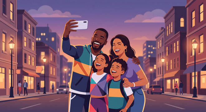 Modern Family Selfie and Laughing City Dusk Vector