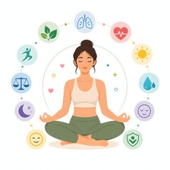 Obraz premium Flat illustration of a woman meditating surrounded by wellness icons. Ideal for healthcare graphic projects mental health posters wellness blogs and yoga promotional media.
