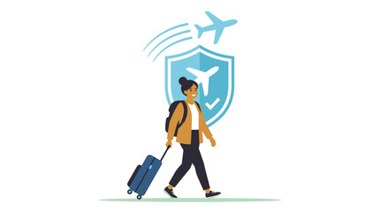 Fototapeta premium A woman traveler walking with luggage and a backpack featuring a travel insurance concept illustration.