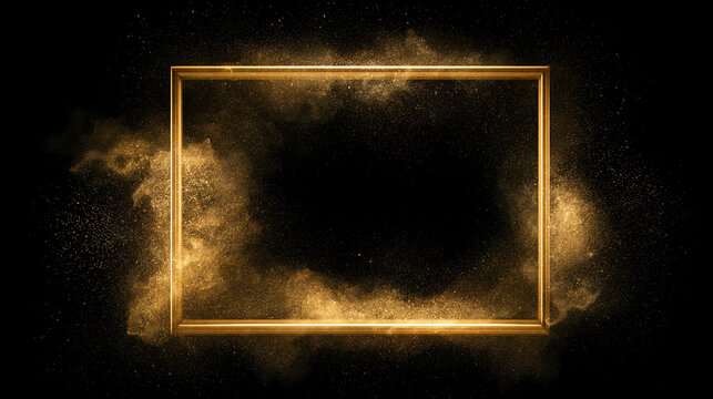 A golden rectangular frame is enveloped by swirling golden dust and particles, creating an ethereal and glamorous background element.