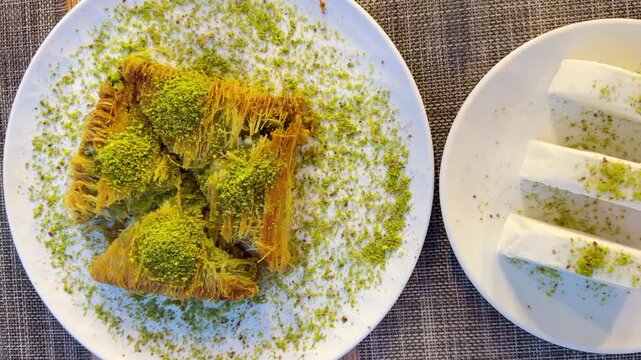 Traditional Turkish Dessert Platter with Kadayıf and Dondurma Ice Cream on a Rustic Table