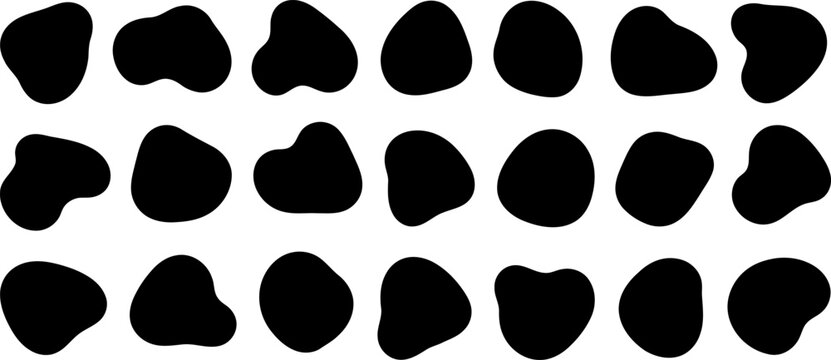 Twenty- One Black Organic Blob Shapes Arranged in Rows on White irregular fluid