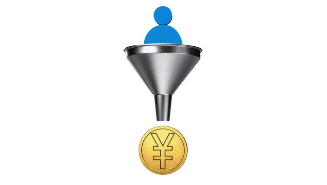 Blue person figure entering metal funnel with Yen coin below