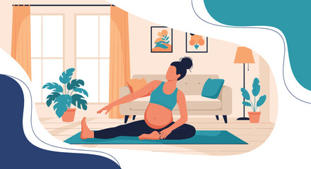 Fototapeta premium Pregnant woman practicing yoga and stretching her body on a mat in a cozy living room to maintain health and wellness.