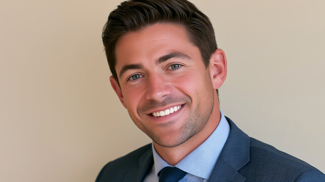 A smiling professional man in a blue suit and patterned shirt, looking slightly to the side with a friendly and approachable expression, set against a neutral background.