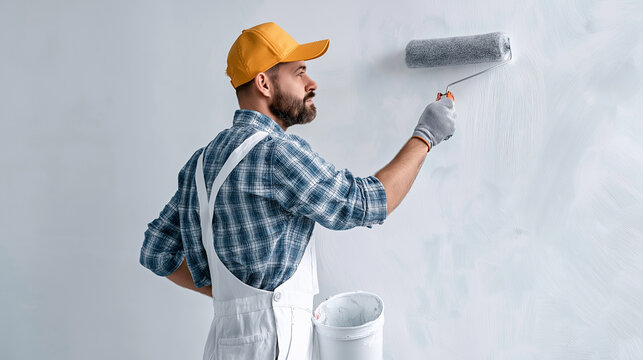 A male painter wearing a yellow cap and white overalls, with a plaid shirt, meticulously paints a white wall with a roller, holding a bucket nearby.