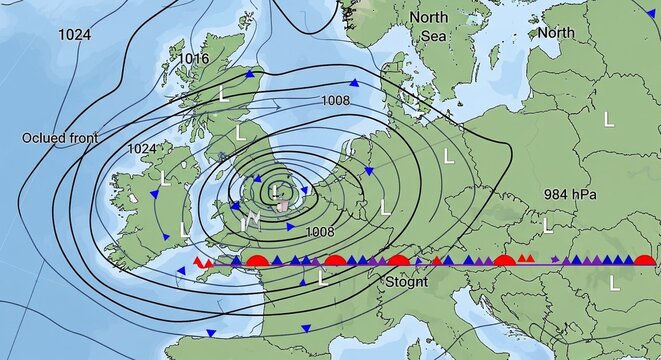 Weather map showing a complex low-pressure system over the UK and Europe with fronts and isobars