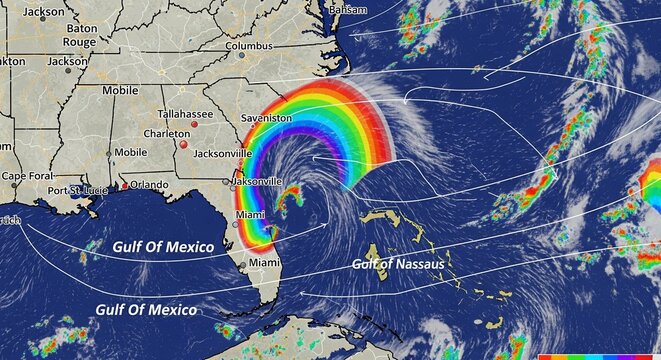Weather map showing a colorful approaching Florida coast with wind currents and Gulf of Mexico