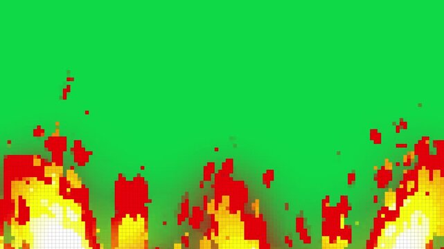Bright burning fire pixel with playing spark with cartoon and 8 bit style on greenscreen background  suitable  console video game ,retro visual and asset game , Transparent and alpha channel