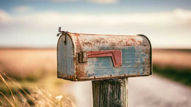 Rustic mailbox rural landscape country road weathered metal wooden post empty box vintage style countryside scene postal mail outdoor summer Rural landscape rustic mailbox wooden post along
