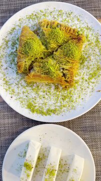 Traditional Turkish Dessert Platter with Kadayıf and Dondurma Ice Cream on a Rustic Table