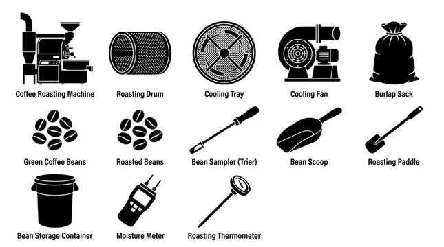 Set of black icons representing coffee roasting equipment and bean types.