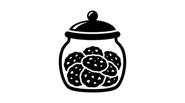 Black and white illustration of a cookie jar filled with cookies.