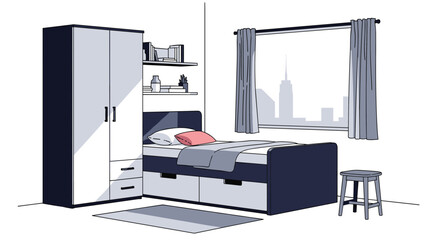 Fototapeta premium Cozy kids bedroom interior featuring a single bed with pillows, a wardrobe, wall shelves, and a window with city view.