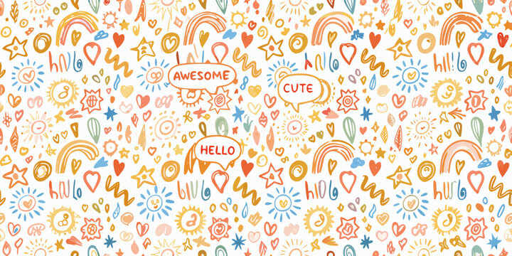 Colorful hand drawn doodle pattern with hearts rainbows and stars
