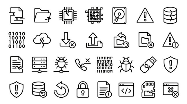 Data Corruption Outline Icon Set with Corrupted File Glitch Folder Broken Chip System Error and Cybersecurity Vector Collection