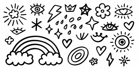 Collection Of Black Line Art Doodle Icons On White Background © Nasir