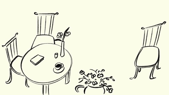 Minimalist line art of a table with chairs, coffee cup, book, and flowers in a vase, evoking a serene cafe atmosphere.