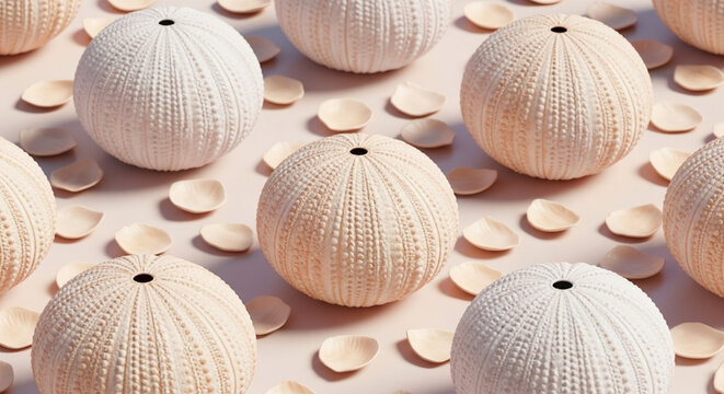 Close up of white sand dollars on light background.