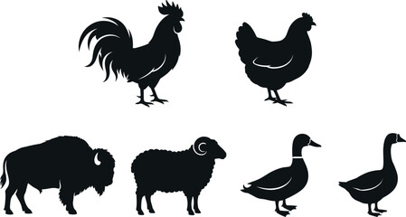 Farm animals silhouettes vector icon set with rooster hen bison ram duck and goose isolated graphic elements © fajle Rabbi!