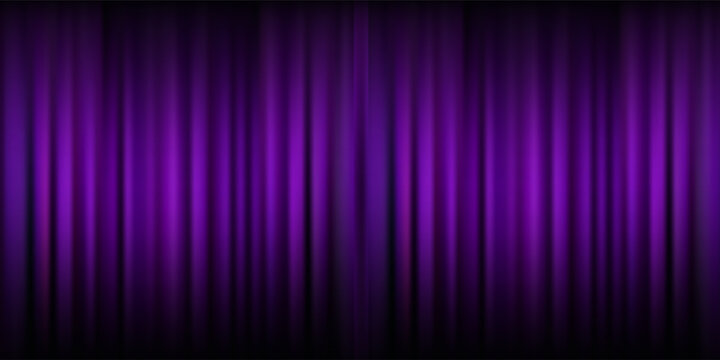 Royal purple velvet curtains background. Closed curtain backdrop for theater stage or cinema, circus. Vector textile room scene screen. Violet fabric drapery wallpaper for award, show, performance