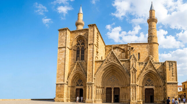 peaceful and historical lala mustafa pasha mosque in open plaza with clear sky and stone minarets standing tall, people walking by in front view, serene and vibrant.
