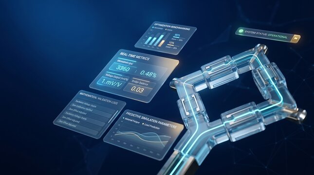 Circuit board pathways illuminate with glowing energy flow as digital analytical charts and holographic statistics hover in the background to demonstrate high speed telecommunications networking.