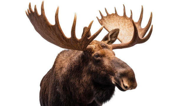 Majestic bull moose with large antlers and shaggy brown fur