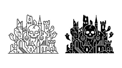 Fototapeta premium Haunted Castle Graphic: An eerie and stylized illustration of a haunted castle, complete with spooky elements like skulls, ghosts, and pumpkins, presented in both outline and solid black versions.