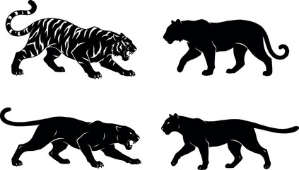 Wild big cats silhouettes vector icon set with tiger panther lioness and cougar stalking predator animals graphics © fajle Rabbi!