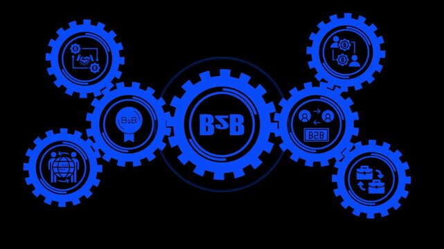 B2 b business strategy concept with rotating blue gear and corporate partnership symbols on black background, for marketing and, digital communication