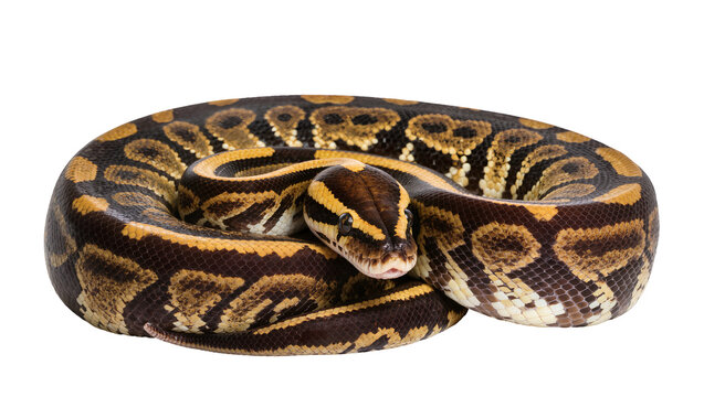 Ball Python coiled with intricate brown and yellow patterned scales